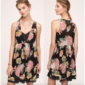 Anthropologie Maeve Violette Babydoll Dress Black Floral Size L Petite